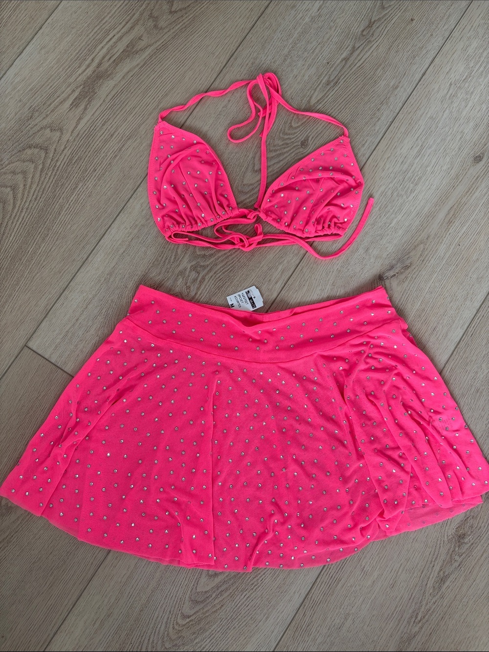 Bear Dance Neon Pink Studded Bikini Top and Skirt Set